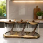 3'lü Cam Akasya Kapaklı Kaşıklı Baharat Seti